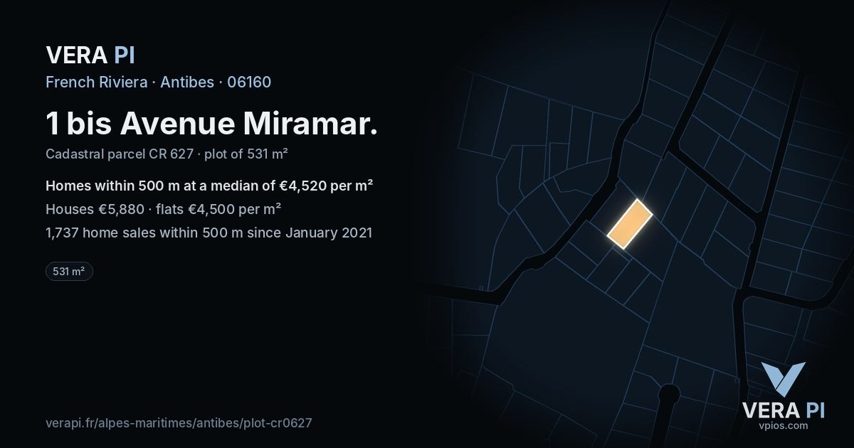 1 bis Avenue Miramar, Antibes at night – the plot lit, the parcels around coloured by the prices near them