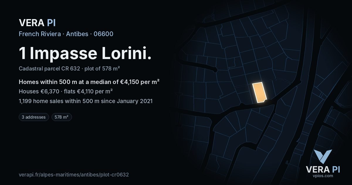 1 Impasse Lorini, Antibes at night – the plot lit, the parcels around coloured by the prices near them