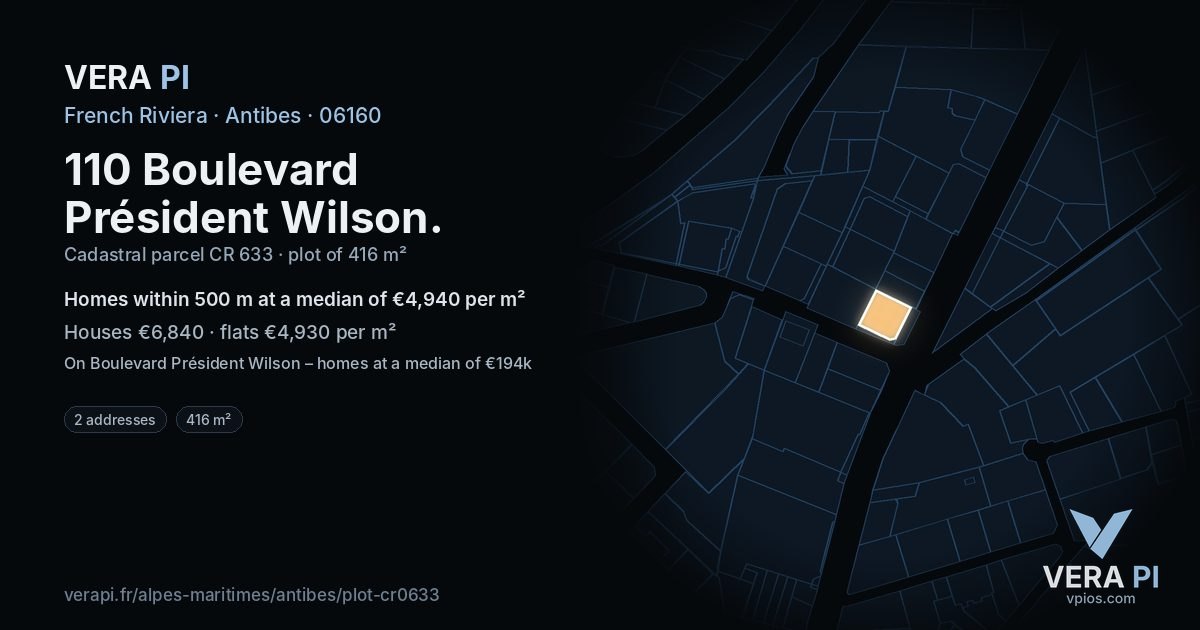 110 Boulevard Président Wilson, Antibes at night – the plot lit, the parcels around coloured by the prices near them