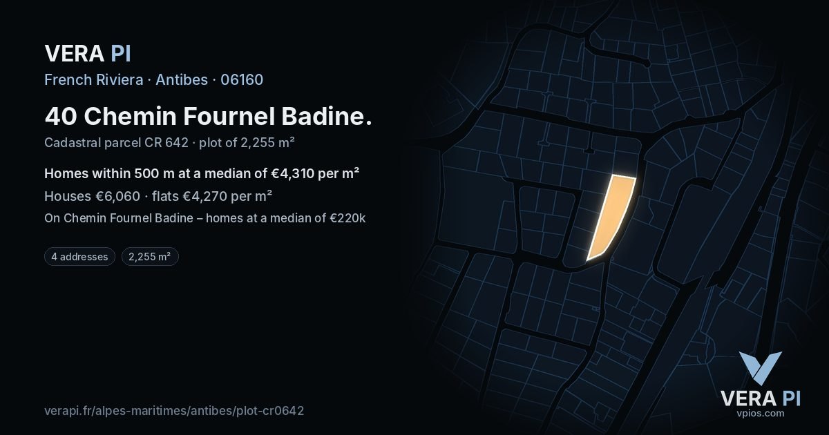 40 Chemin Fournel Badine, Antibes at night – the plot lit, the parcels around coloured by the prices near them