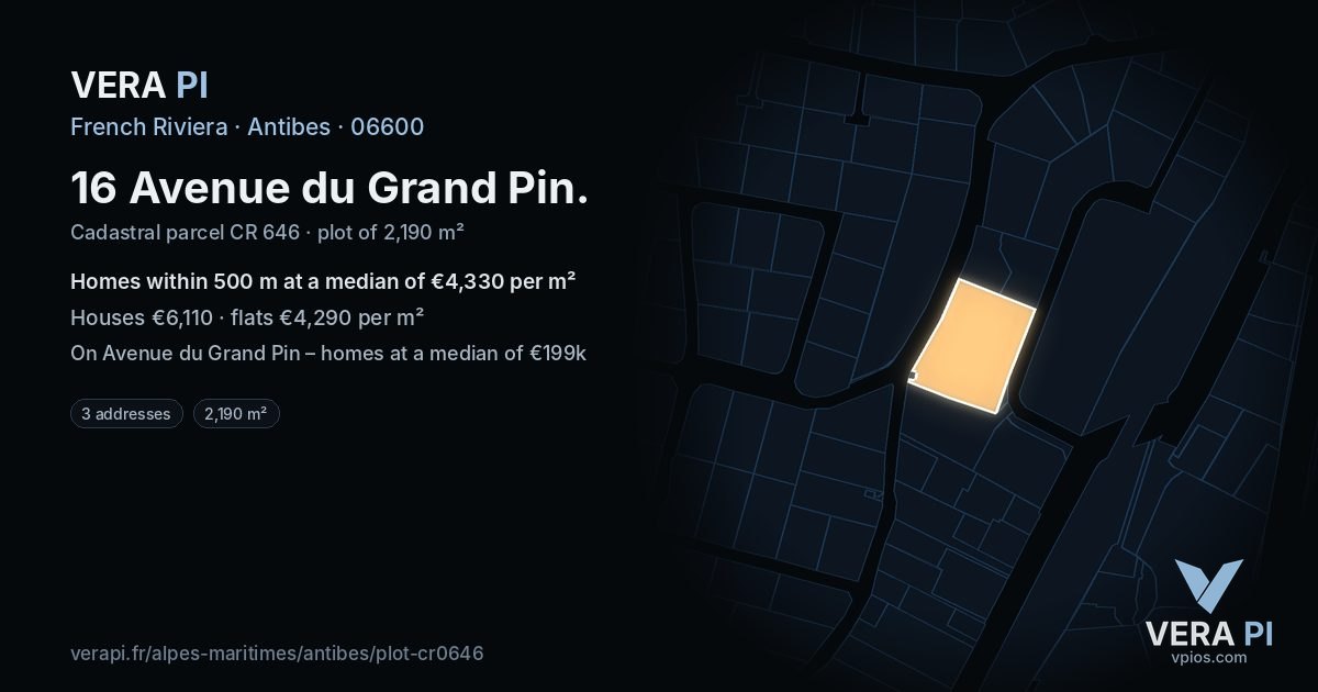 16 Avenue du Grand Pin, Antibes at night – the plot lit, the parcels around coloured by the prices near them