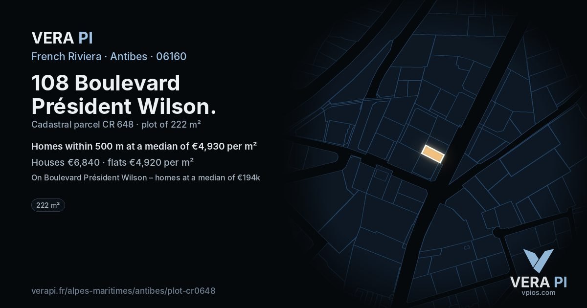 108 Boulevard Président Wilson, Antibes at night – the plot lit, the parcels around coloured by the prices near them