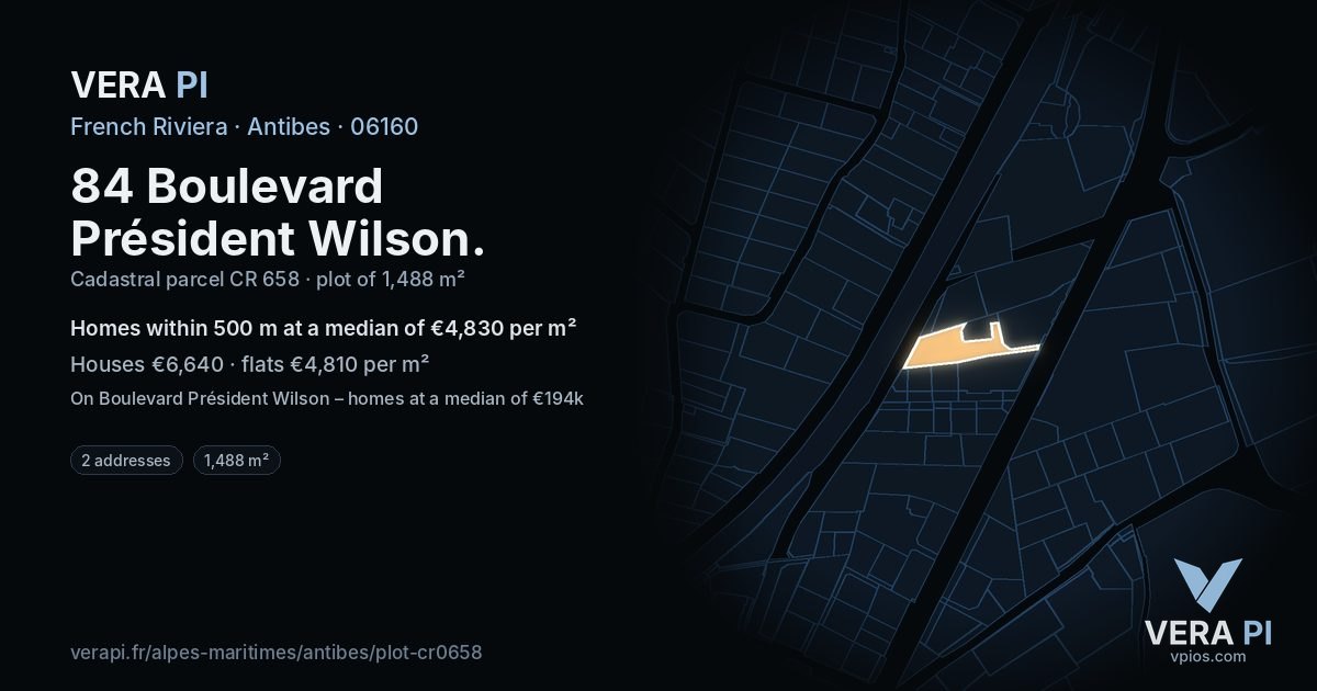 84 Boulevard Président Wilson, Antibes at night – the plot lit, the parcels around coloured by the prices near them