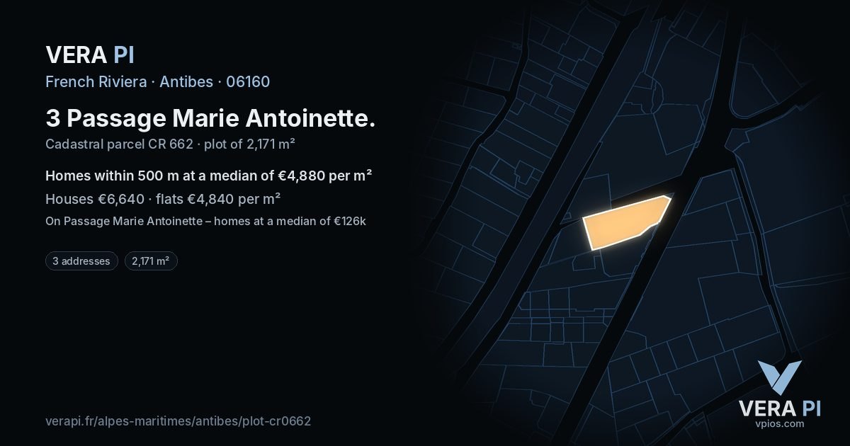 3 Passage Marie Antoinette, Antibes at night – the plot lit, the parcels around coloured by the prices near them