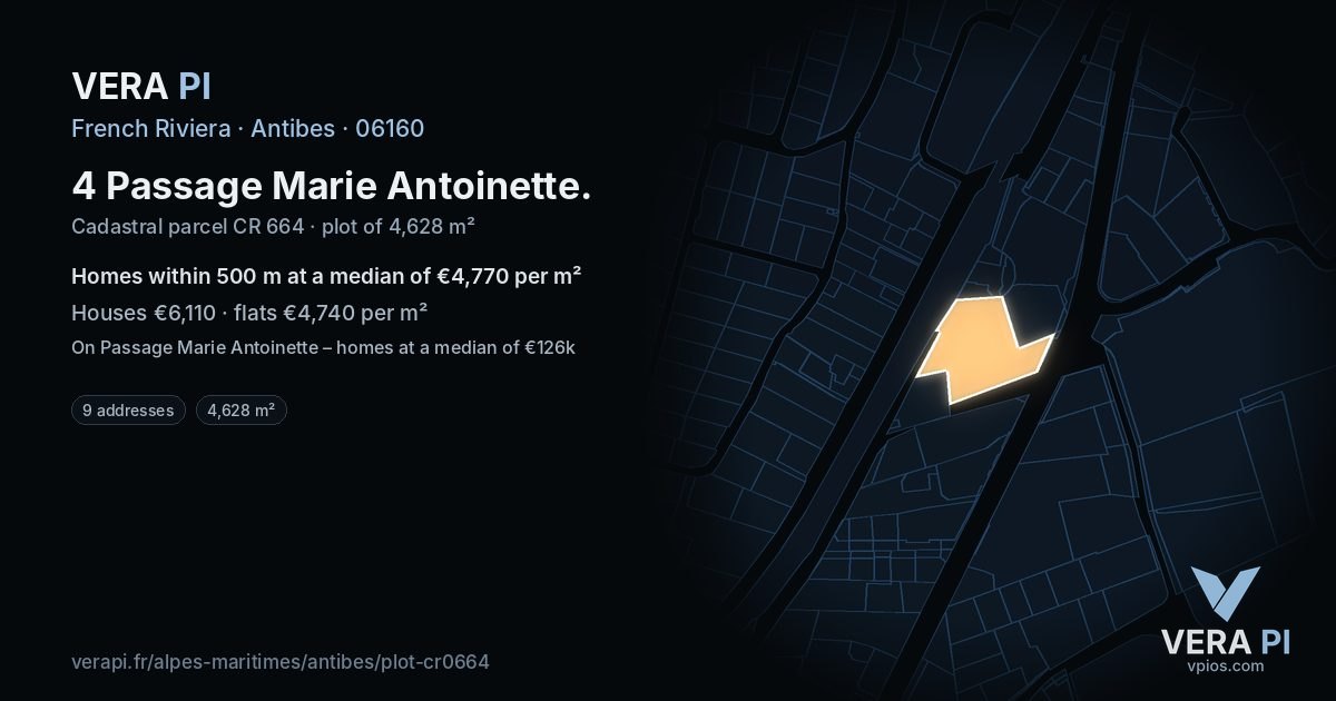 4 Passage Marie Antoinette, Antibes at night – the plot lit, the parcels around coloured by the prices near them