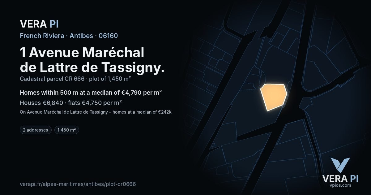 1 Avenue Maréchal de Lattre de Tassigny, Antibes at night – the plot lit, the parcels around coloured by the prices near them