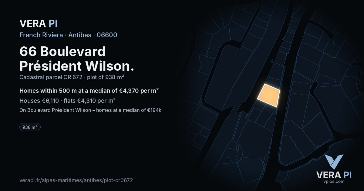 66 Boulevard Président Wilson, Antibes at night – the plot lit, the parcels around coloured by the prices near them