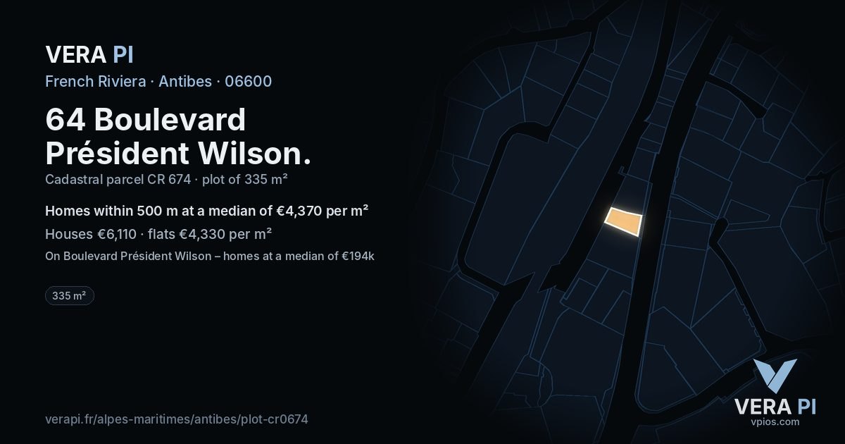 64 Boulevard Président Wilson, Antibes at night – the plot lit, the parcels around coloured by the prices near them