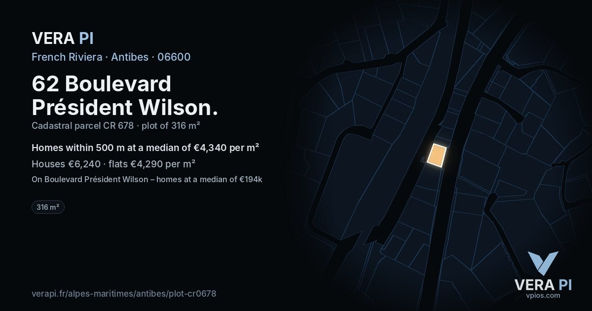 62 Boulevard Président Wilson, Antibes at night – the plot lit, the parcels around coloured by the prices near them