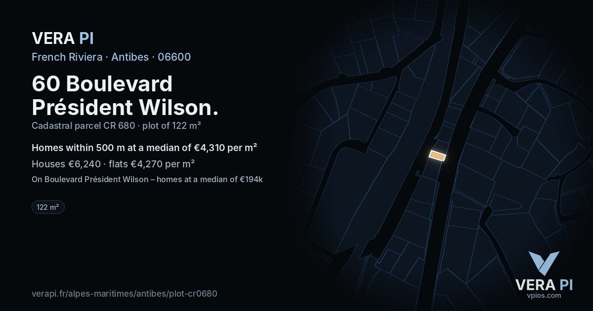 60 Boulevard Président Wilson, Antibes at night – the plot lit, the parcels around coloured by the prices near them
