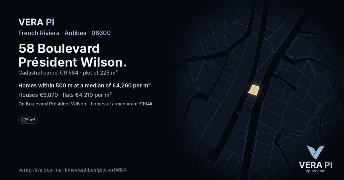 58 Boulevard Président Wilson, Antibes at night – the plot lit, the parcels around coloured by the prices near them