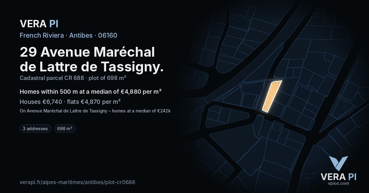 29 Avenue Maréchal de Lattre de Tassigny, Antibes at night – the plot lit, the parcels around coloured by the prices near them