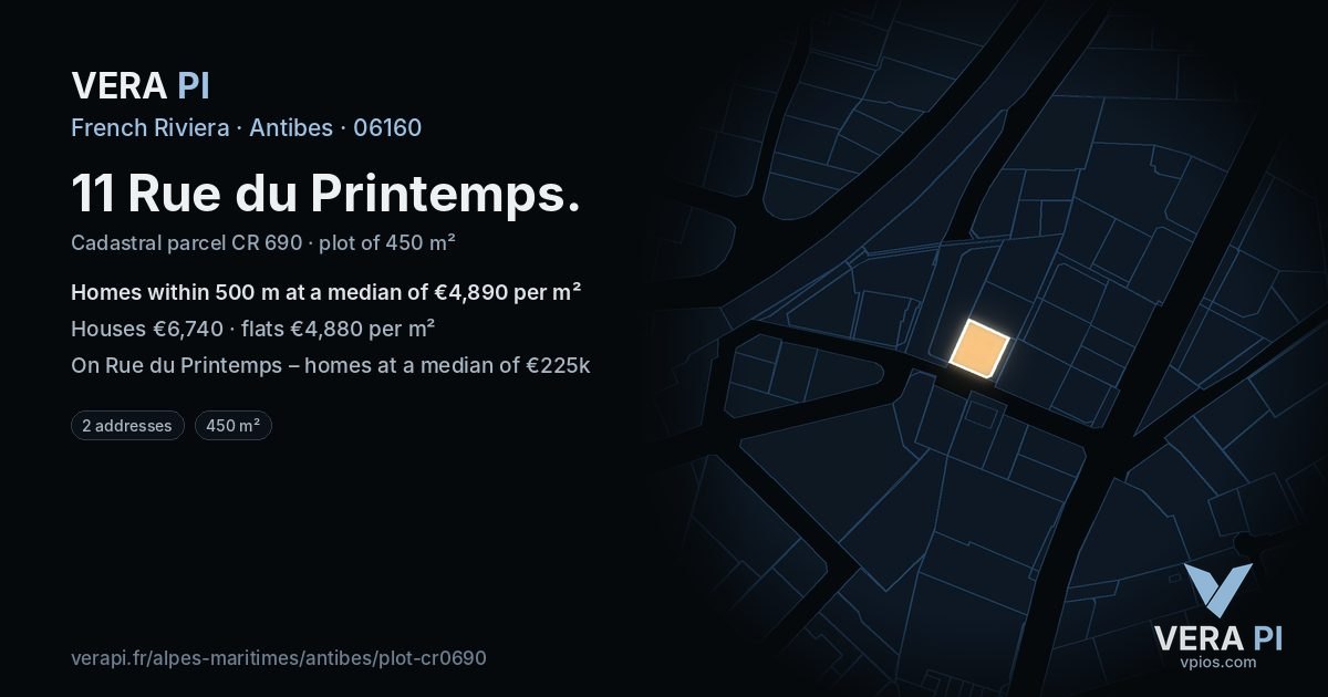 11 Rue du Printemps, Antibes at night – the plot lit, the parcels around coloured by the prices near them