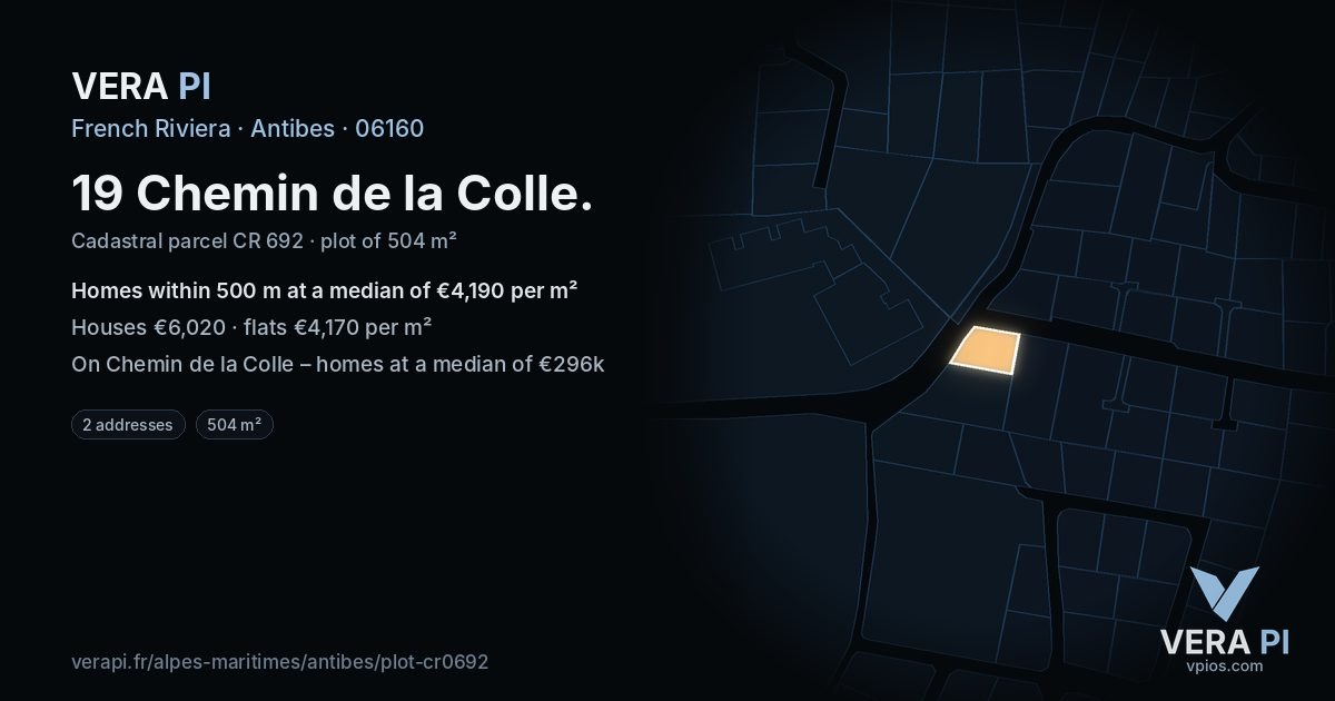 19 Chemin de la Colle, Antibes at night – the plot lit, the parcels around coloured by the prices near them