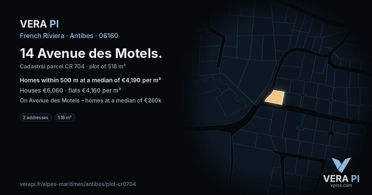 14 Avenue des Motels, Antibes at night – the plot lit, the parcels around coloured by the prices near them