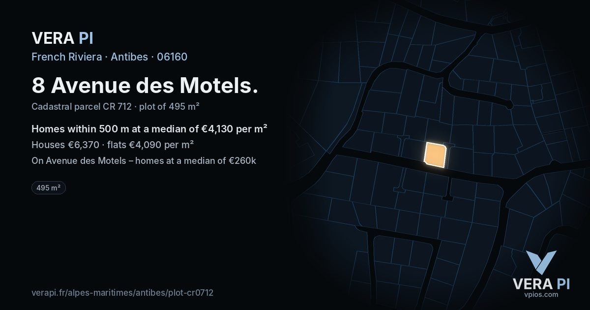 8 Avenue des Motels, Antibes at night – the plot lit, the parcels around coloured by the prices near them