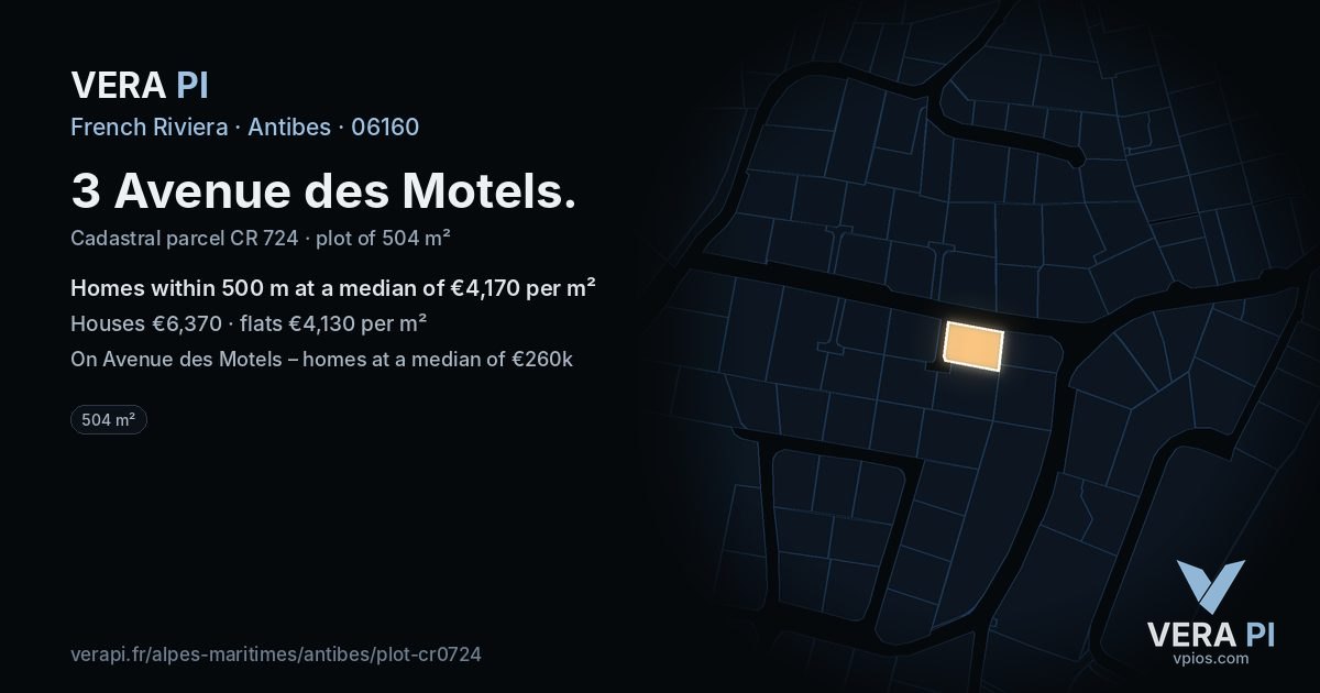 3 Avenue des Motels, Antibes at night – the plot lit, the parcels around coloured by the prices near them