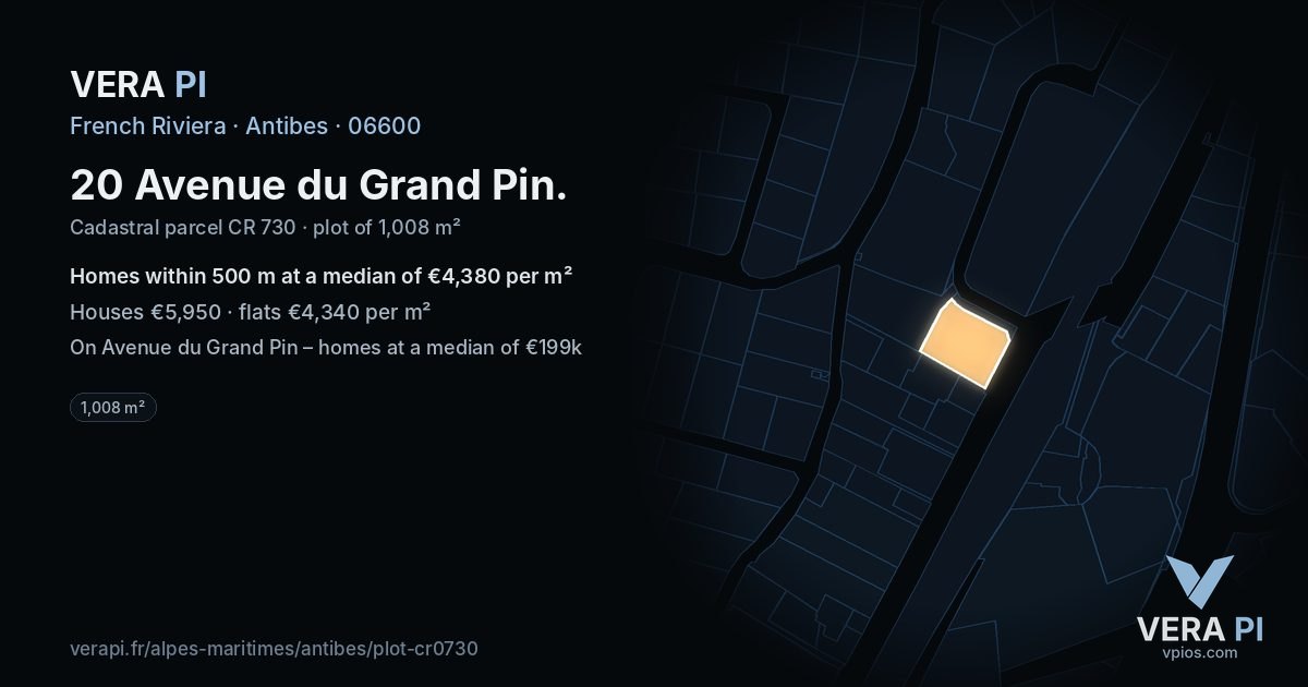 20 Avenue du Grand Pin, Antibes at night – the plot lit, the parcels around coloured by the prices near them