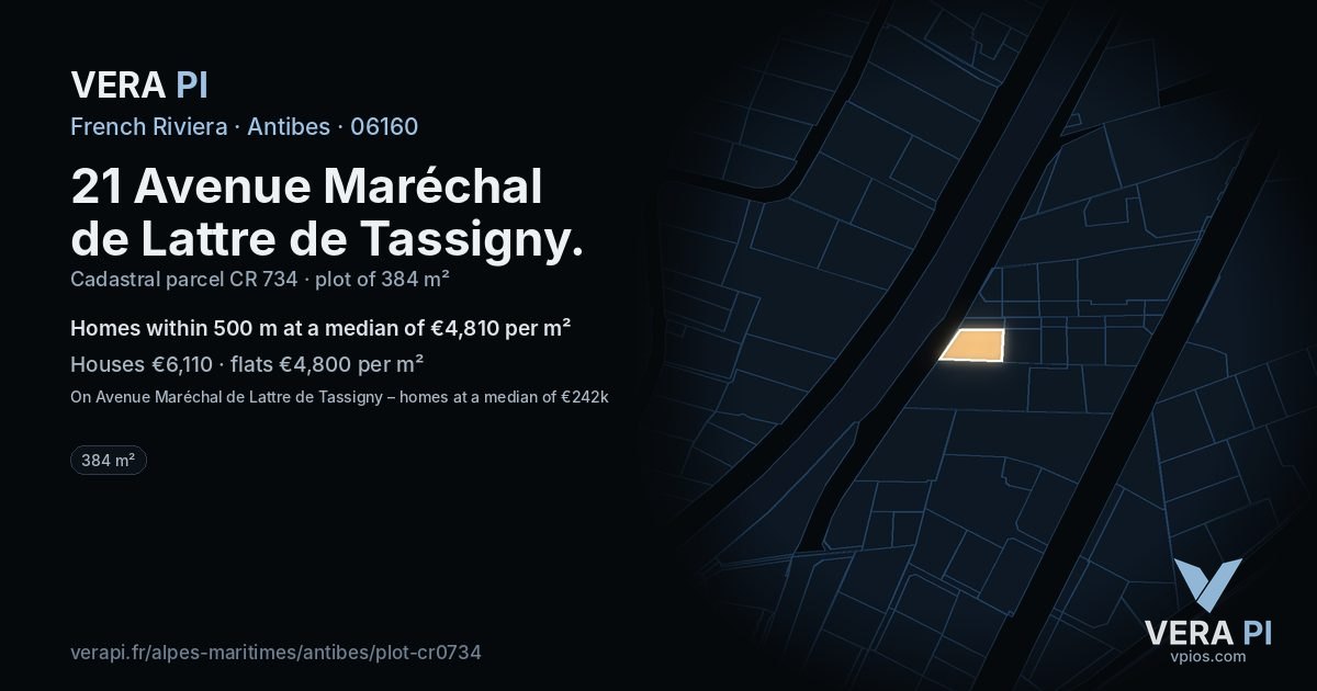 21 Avenue Maréchal de Lattre de Tassigny, Antibes at night – the plot lit, the parcels around coloured by the prices near them