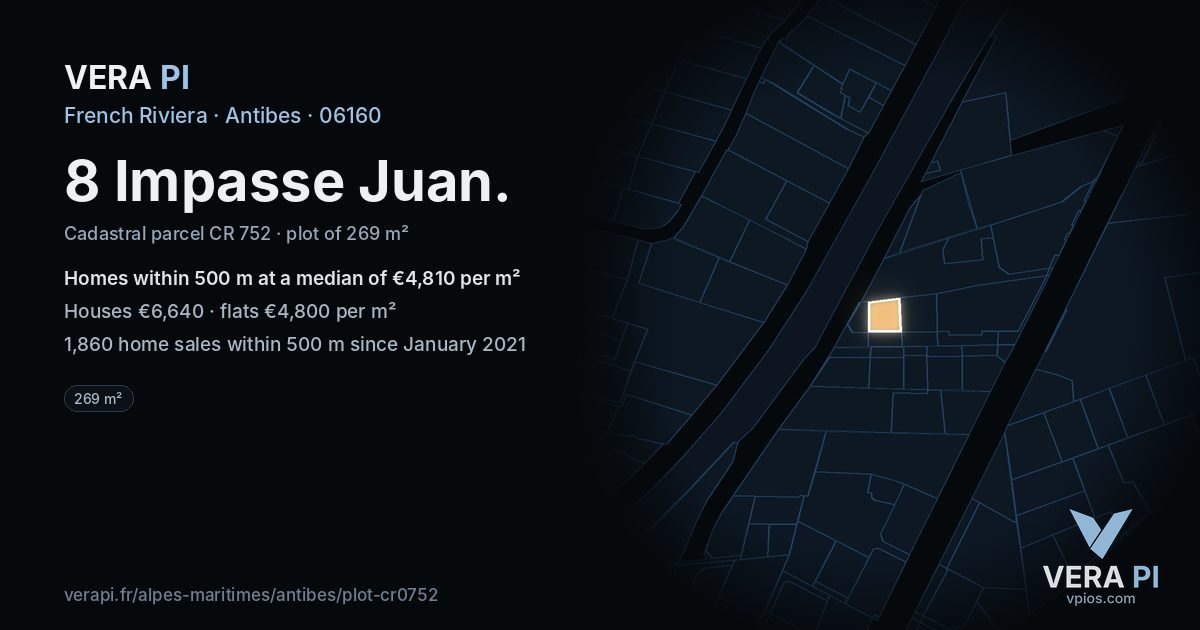 8 Impasse Juan, Antibes at night – the plot lit, the parcels around coloured by the prices near them