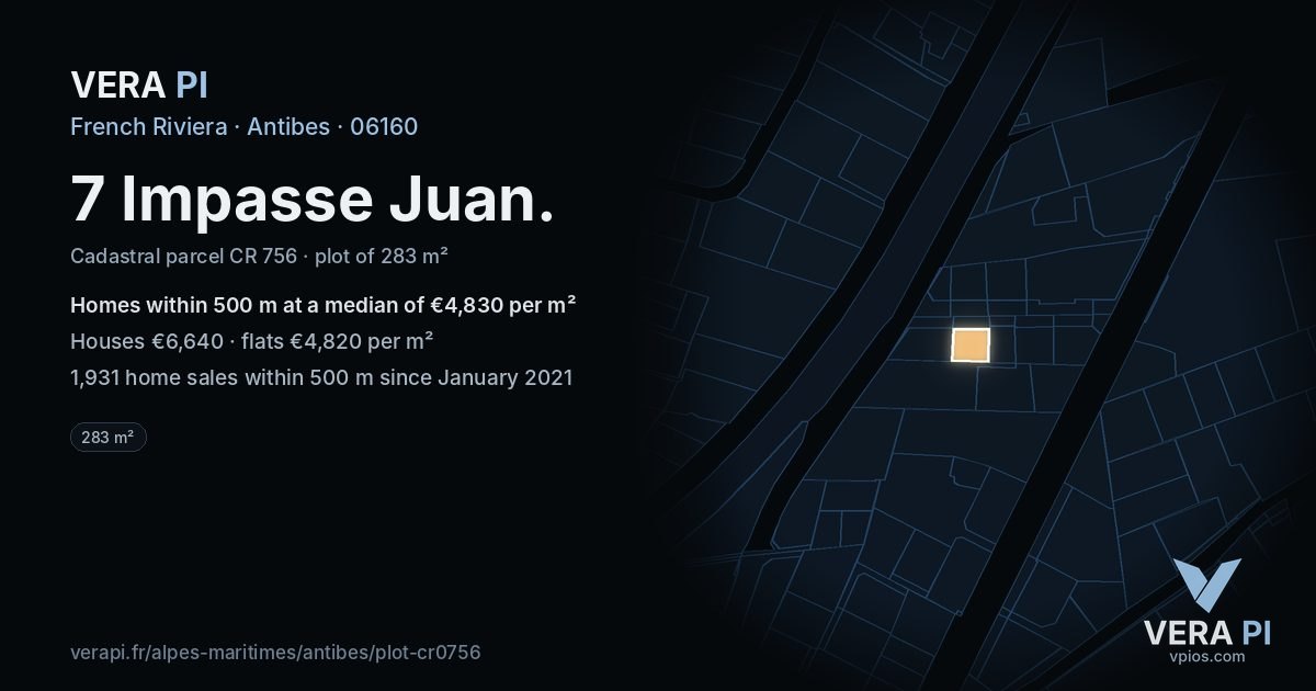 7 Impasse Juan, Antibes at night – the plot lit, the parcels around coloured by the prices near them