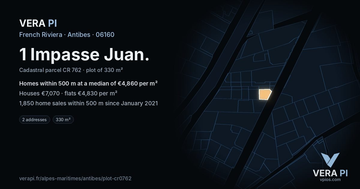 1 Impasse Juan, Antibes at night – the plot lit, the parcels around coloured by the prices near them
