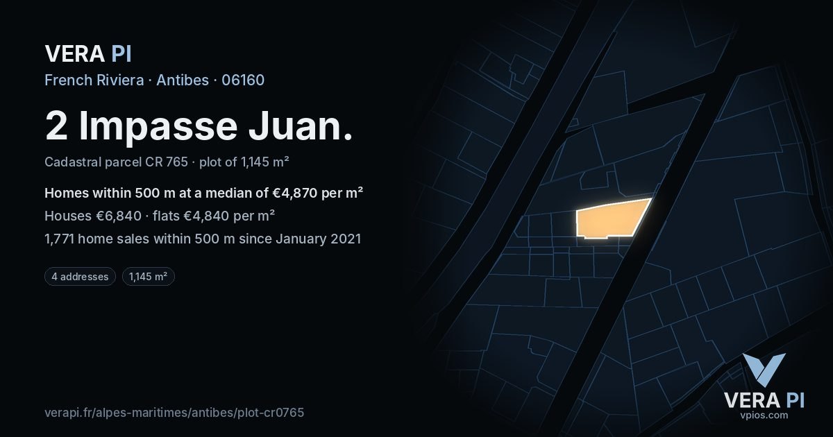 2 Impasse Juan, Antibes at night – the plot lit, the parcels around coloured by the prices near them