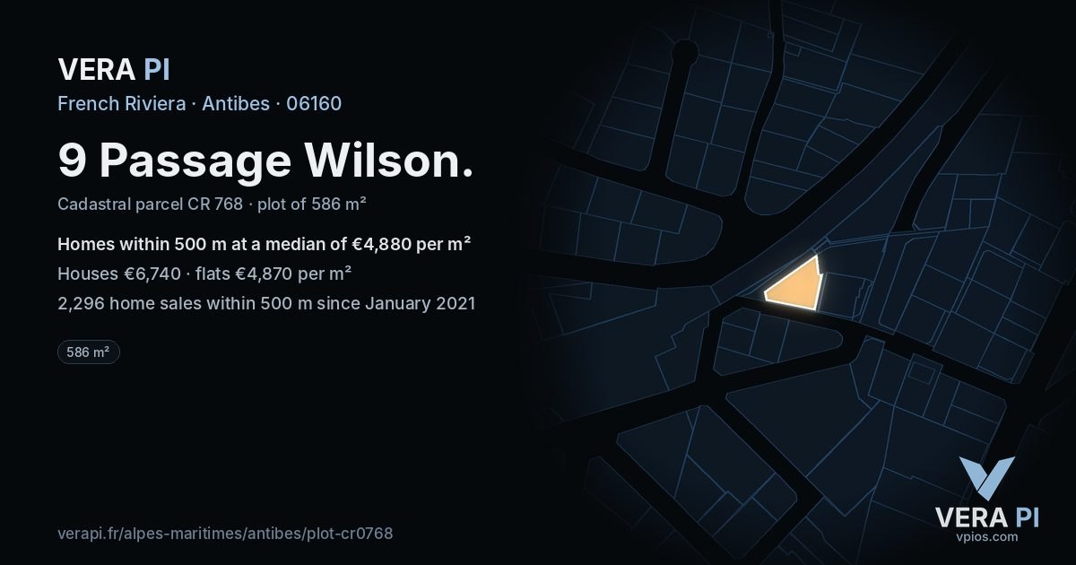 9 Passage Wilson, Antibes at night – the plot lit, the parcels around coloured by the prices near them