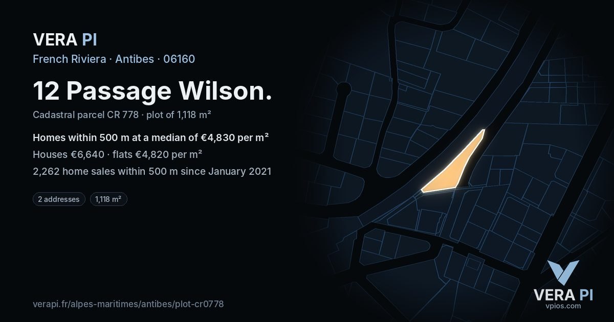 12 Passage Wilson, Antibes at night – the plot lit, the parcels around coloured by the prices near them