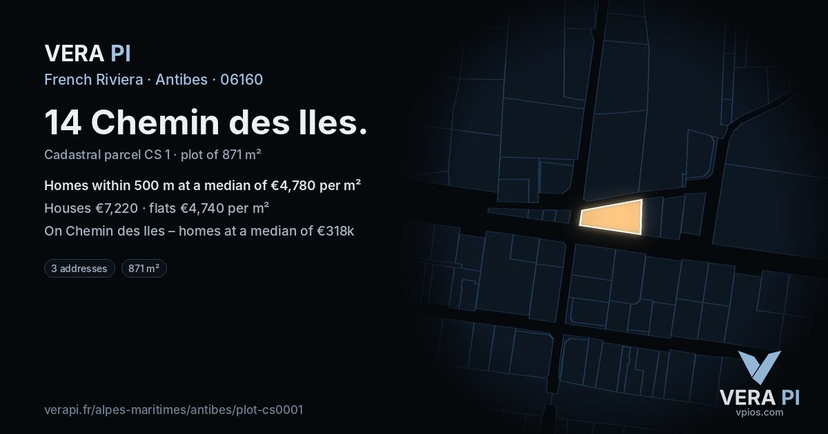 14 Chemin des Iles, Antibes at night – the plot lit, the parcels around coloured by the prices near them