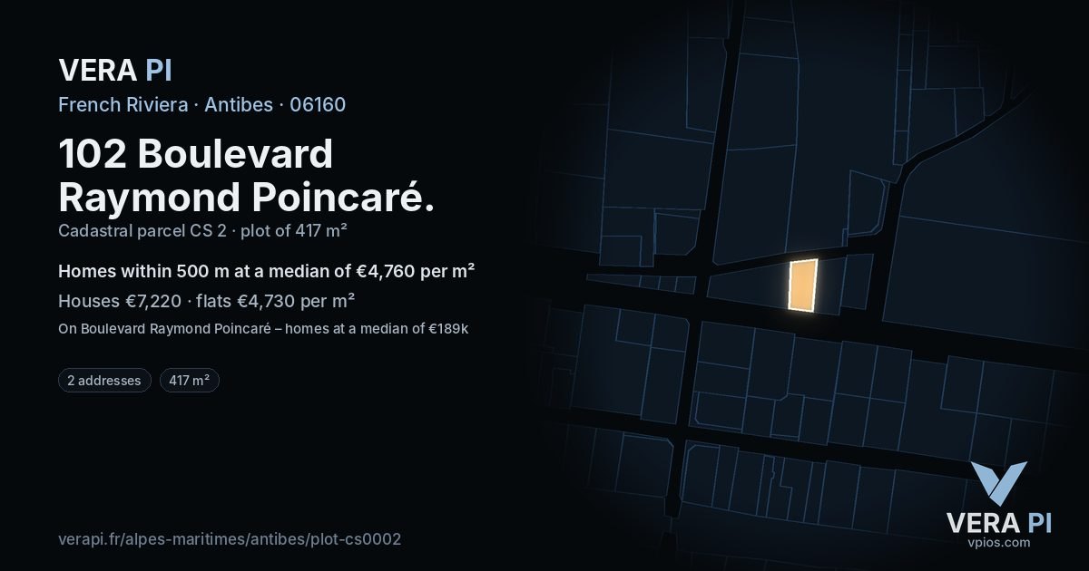 102 Boulevard Raymond Poincaré, Antibes at night – the plot lit, the parcels around coloured by the prices near them