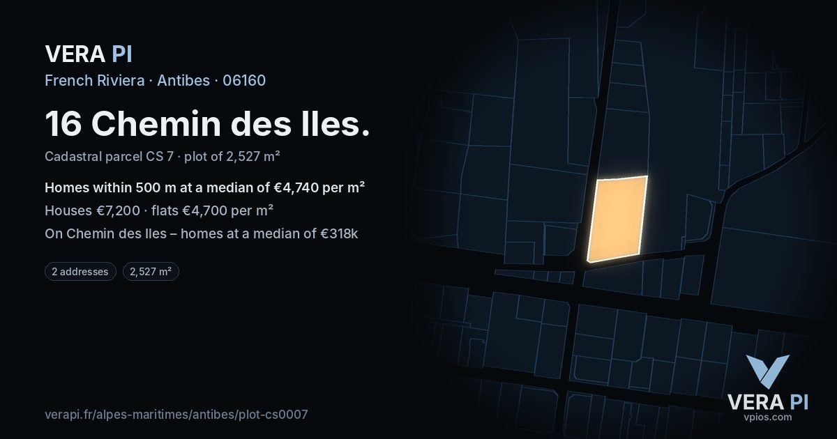 16 Chemin des Iles, Antibes at night – the plot lit, the parcels around coloured by the prices near them