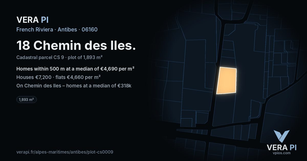 18 Chemin des Iles, Antibes at night – the plot lit, the parcels around coloured by the prices near them