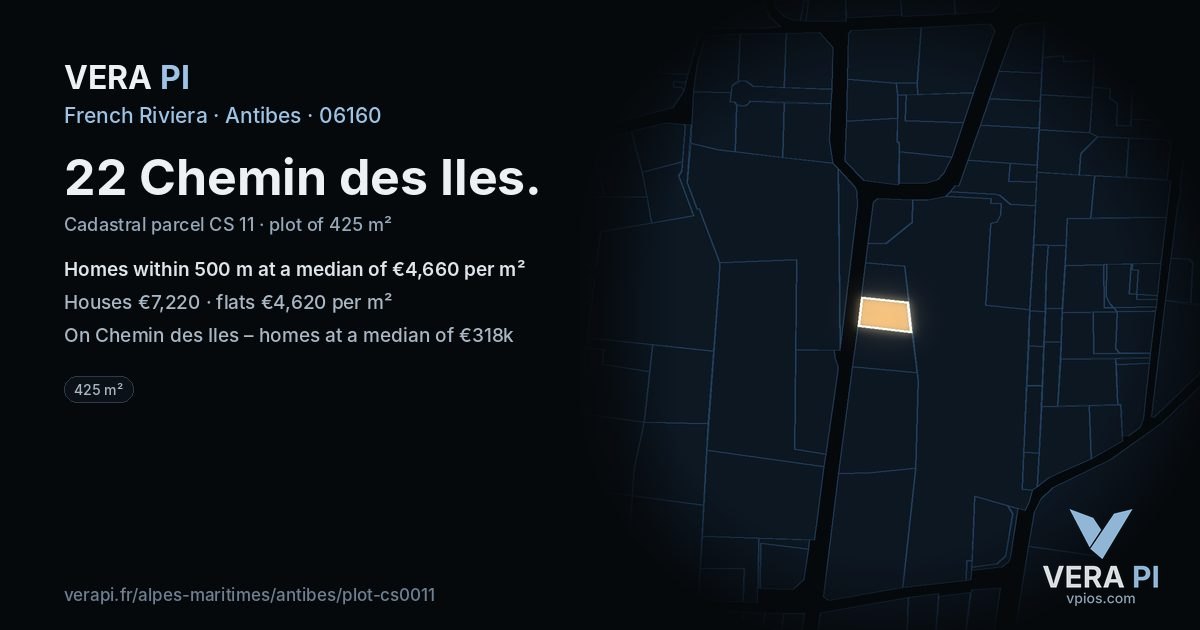 22 Chemin des Iles, Antibes at night – the plot lit, the parcels around coloured by the prices near them