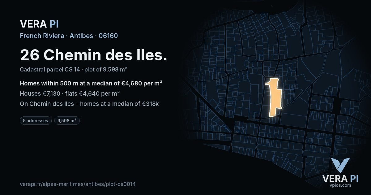 26 Chemin des Iles, Antibes at night – the plot lit, the parcels around coloured by the prices near them