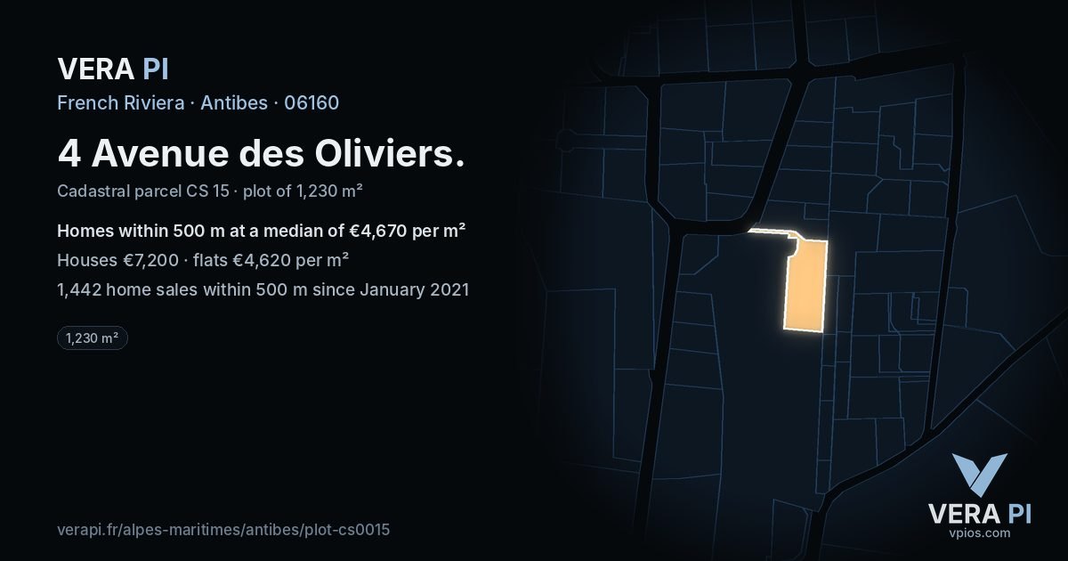 4 Avenue des Oliviers, Antibes at night – the plot lit, the parcels around coloured by the prices near them