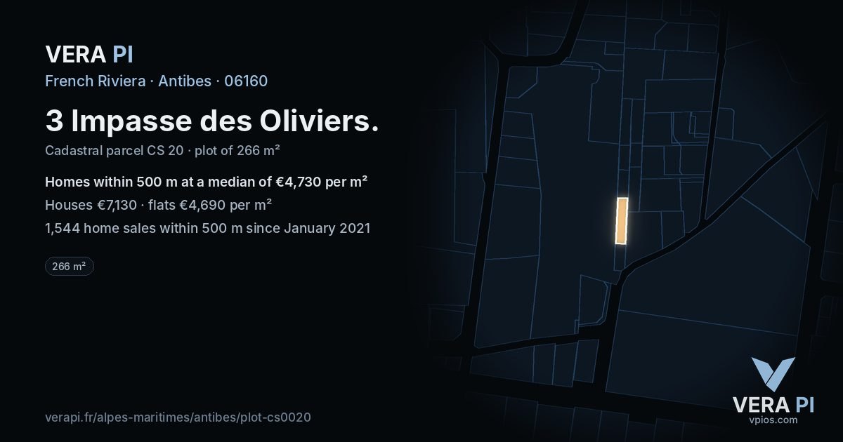 3 Impasse des Oliviers, Antibes at night – the plot lit, the parcels around coloured by the prices near them