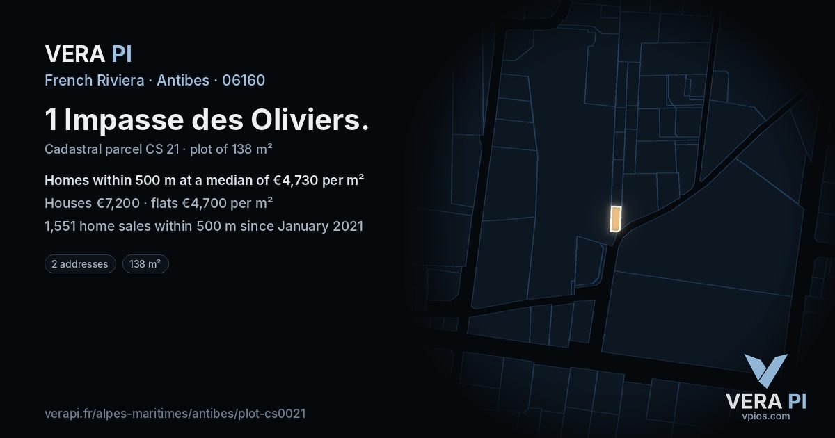 1 Impasse des Oliviers, Antibes at night – the plot lit, the parcels around coloured by the prices near them