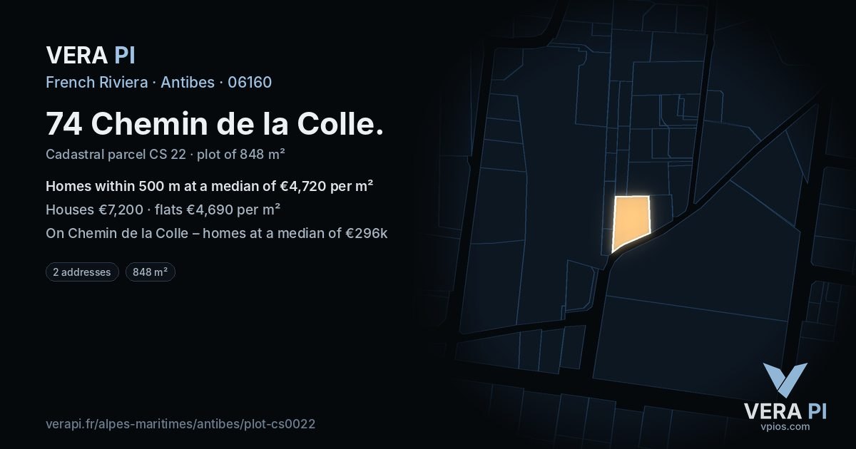 74 Chemin de la Colle, Antibes at night – the plot lit, the parcels around coloured by the prices near them