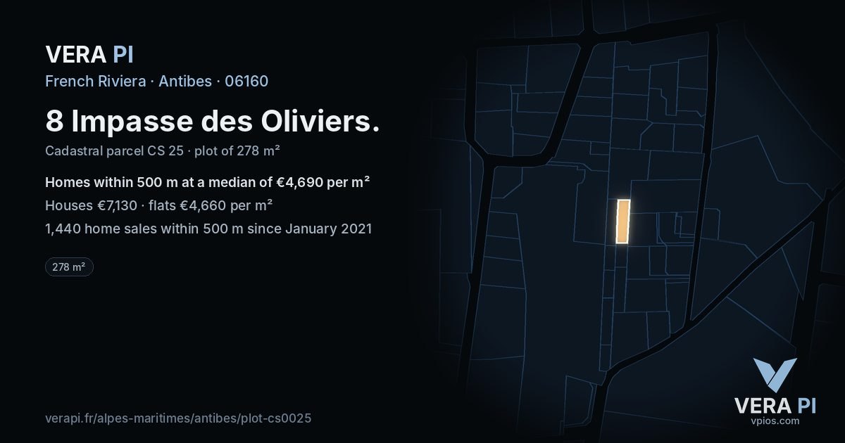 8 Impasse des Oliviers, Antibes at night – the plot lit, the parcels around coloured by the prices near them