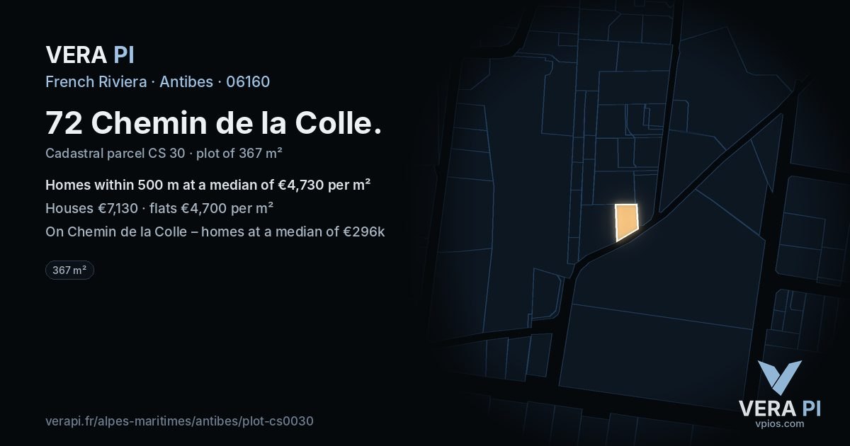 72 Chemin de la Colle, Antibes at night – the plot lit, the parcels around coloured by the prices near them