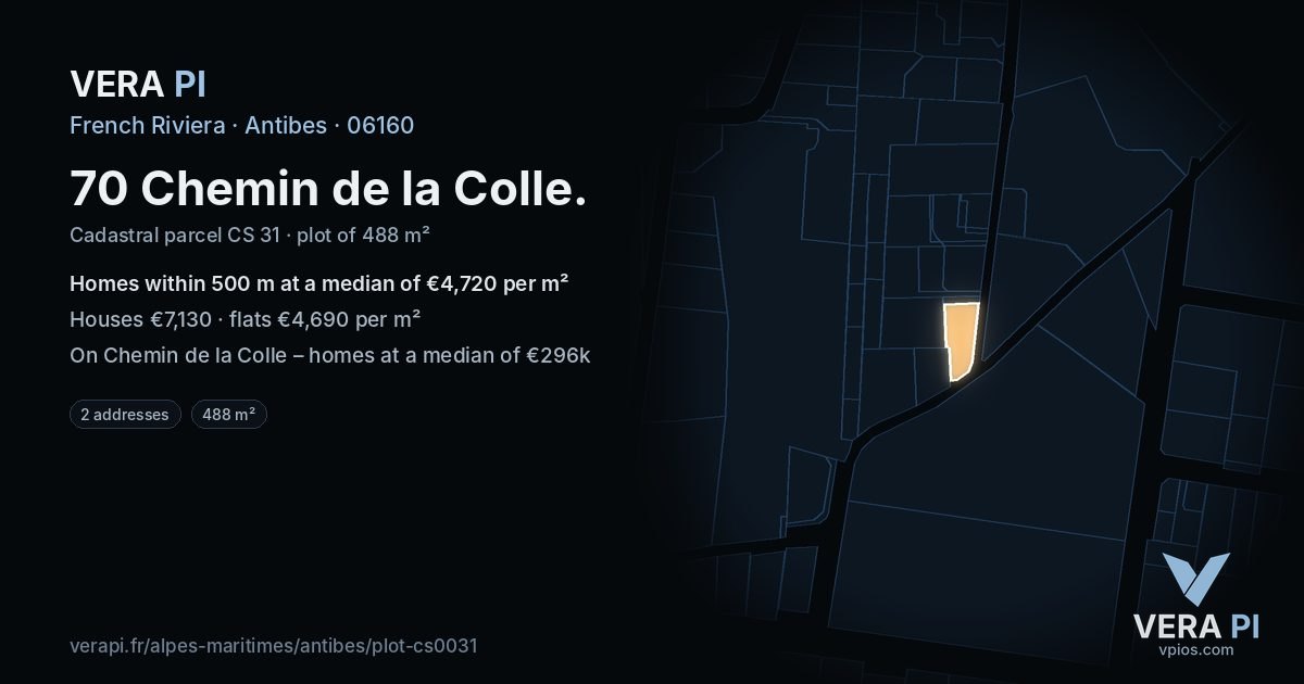 70 Chemin de la Colle, Antibes at night – the plot lit, the parcels around coloured by the prices near them