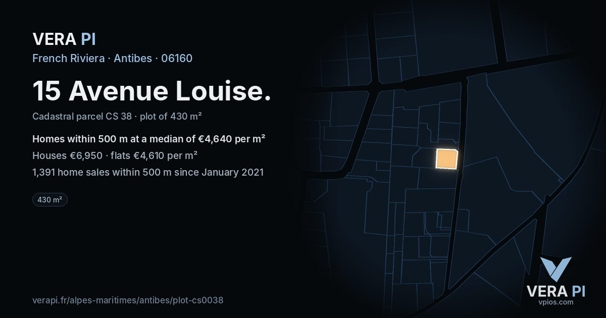 15 Avenue Louise, Antibes at night – the plot lit, the parcels around coloured by the prices near them