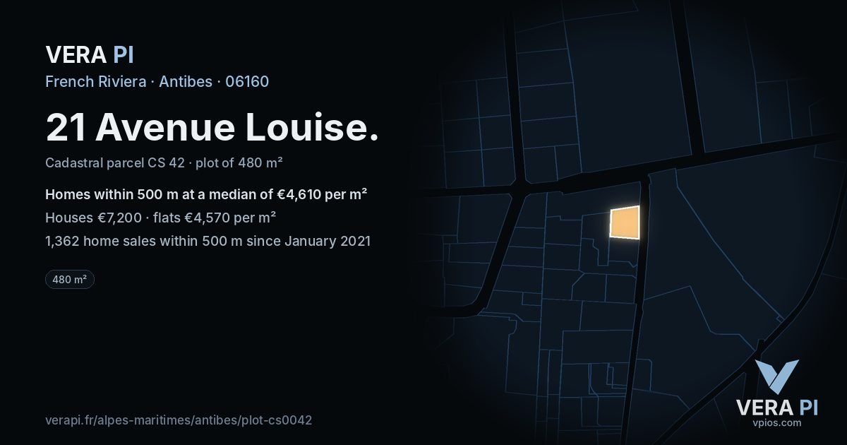 21 Avenue Louise, Antibes at night – the plot lit, the parcels around coloured by the prices near them
