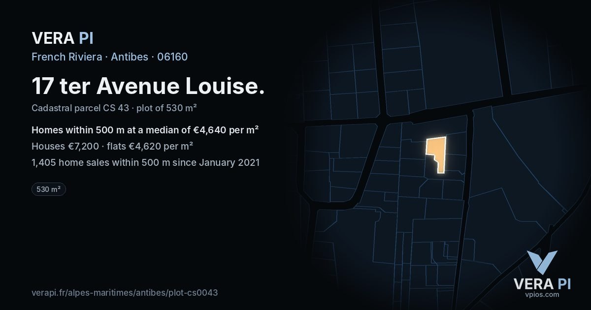 17 ter Avenue Louise, Antibes at night – the plot lit, the parcels around coloured by the prices near them