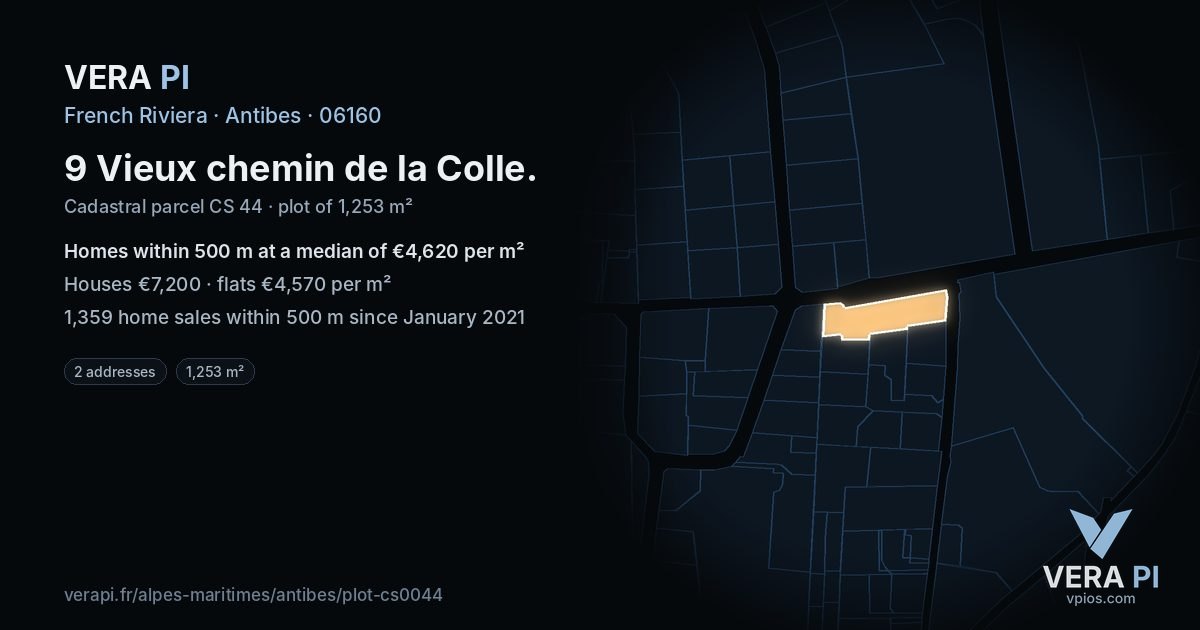 9 Vieux chemin de la Colle, Antibes at night – the plot lit, the parcels around coloured by the prices near them