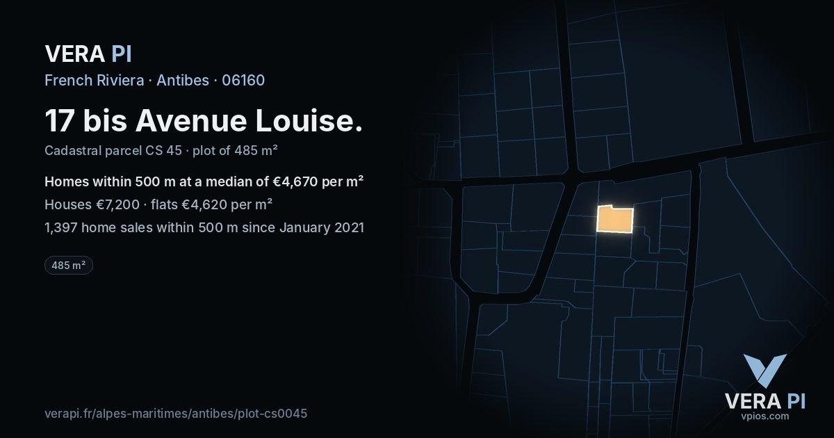 17 bis Avenue Louise, Antibes at night – the plot lit, the parcels around coloured by the prices near them