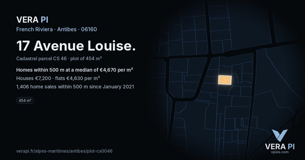 17 Avenue Louise, Antibes at night – the plot lit, the parcels around coloured by the prices near them