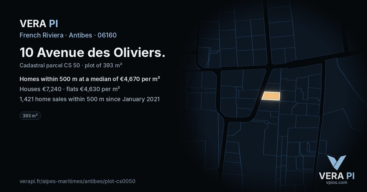 10 Avenue des Oliviers, Antibes at night – the plot lit, the parcels around coloured by the prices near them