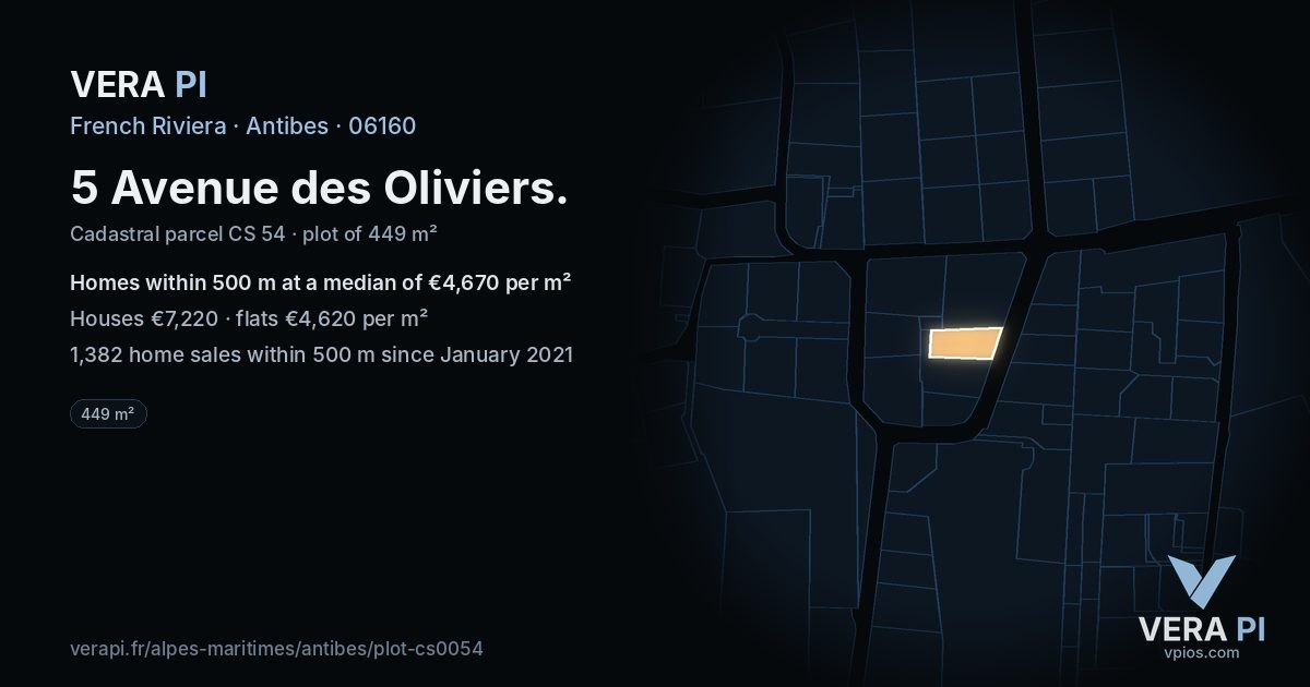 5 Avenue des Oliviers, Antibes at night – the plot lit, the parcels around coloured by the prices near them